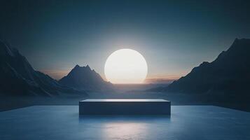 Minimalist platform in front of a mountain range at sunset, emphasizing serene beauty and a sense of tranquility. The sky glows warmly. photo