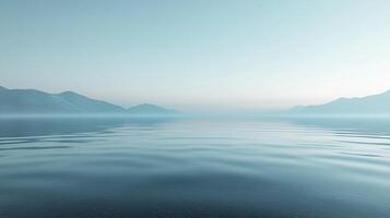 A serene scene of a calm lake reflecting distant mountains under a pale, quiet sky, evoking a sense of peace and solitude. photo