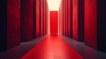 Vibrant corridor with red columns and matching floor. Dramatic lighting highlights architectural space, creating a striking and impactful image. photo