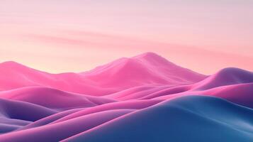 A vibrant landscape unfolds with rolling hills in gradient shades of pink and blue under a soft, pastel-colored sky, creating serene view. photo