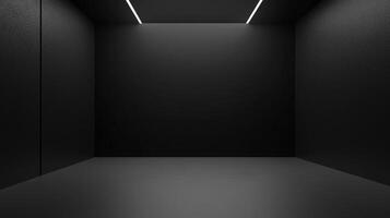Minimalist black room illuminated by ceiling lights, creating a stark and modern aesthetic with clean lines and shadowy ambiance. photo
