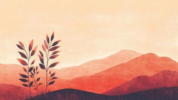 Minimalist mountain landscape art with stylized plants and a warm, earthy color palette, perfect for adding tranquility to your space. photo