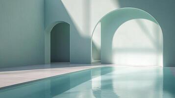 Minimalist architectural design with a pool, bathed in sunlight filtering through arched openings, creating a serene and contemplative space. photo