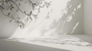Minimalist room corner with a softly lit backdrop, accentuated by leaf shadows creating an atmosphere of serene elegance and peacefulness. photo
