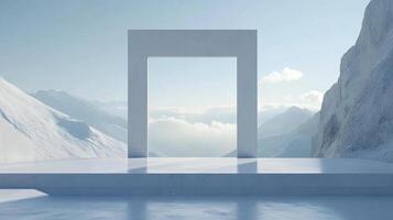 Abstract archway overlooks snowy mountains and a cloudscape, providing a serene and minimalist view with a sense of journey and escape. photo