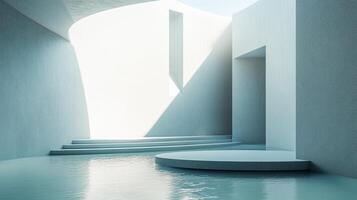 Minimalist architectural space with water. Bright white walls and ample light create a serene and contemplative environment. photo
