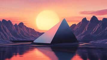 Geometric pyramid floating on water with mountains and sunset in the background. Reflecting the sky and the sun. Artistic and tranquil. photo