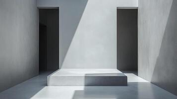 Minimalist interior with strong light creating shadows on walls and on the concrete floor. The image evokes a sense of serenity. photo
