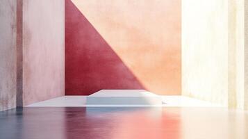 Abstract studio background with pink and peach textured walls, a grey concrete floor, and a white platform bathed in sunlight. photo