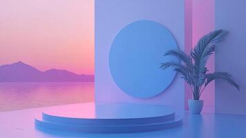 Coastal serenity meets minimalist design. Pastel hues blend in tranquil sunset scene with a modern stage, creating a calming backdrop. photo