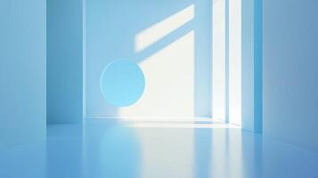 A minimalist architectural rendering featuring a blue circle accent within a light-filled, serene, and structurally clean, modern space. photo
