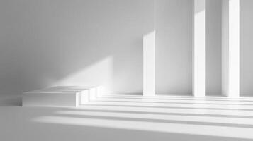An all-white minimalist room, the interplay of light and shadow creating a stunning visual effect. Perfect for a modern display backdrop. photo