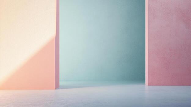 Pastel hues intersect in a minimalist architectural setting, creating a serene and modern ambiance with soft shadows and clean lines. photo