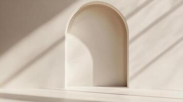Minimalist interior with a curved archway bathed in soft, sunlit shadows creating a serene and inviting atmosphere. Architectural detail. photo