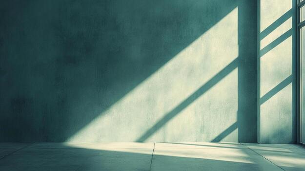 Sunlight streams through a window, casting geometric shadows across the plain wall of an empty room, creating an atmosphere. photo