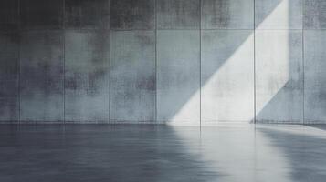 Minimalist concrete wall and floor with striking light, showcasing the raw beauty of architecture through simplicity and shadows. photo