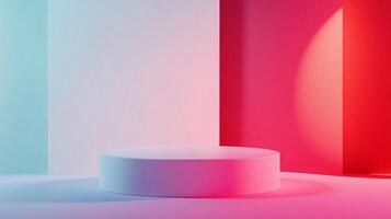 A smooth white cylinder stands poised on a gradient of pink to blue, in front of blocks of white, pink, and red, inviting attention to your display. photo