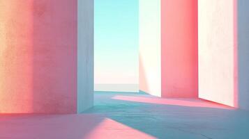 Abstract architectural space with blue sky, light and shadow, soft pink and blue hues for a serene, minimalist aesthetic. photo