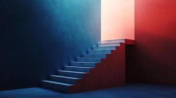 Abstract staircase ascending from cool blue to warm red, a visual metaphor for transitions and contrasting ideas in architecture. photo