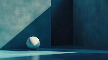 Monochromatic blue setting features a simple sphere and geometric shadows, creating a serene and minimalist composition. photo