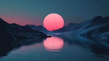 A serene landscape with a large sun setting between mountains, casting a pink glow on the calm waters below. A picturesque view. photo