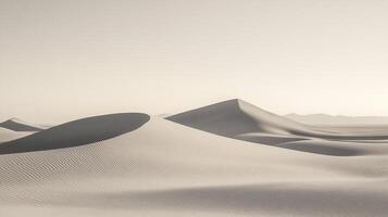 Serene sand dunes stretching towards the horizon, light emphasizing their texture and subtle forms, casting shadows on the landscape. photo