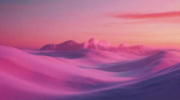 Dreamy pink landscape featuring rolling dunes and distant mountains under a warm sunset sky, creating a surreal and tranquil atmosphere. photo