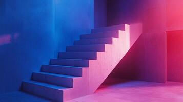 Staircase in blue and red lighting, abstract architecture with geometric shapes and vibrant colors creating a surreal atmosphere. photo