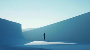 A lone figure stands in a minimalist, abstract landscape, surrounded by geometric shapes in shades of blue, evoking a sense of solitude. photo