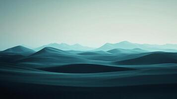 A serene landscape unfolds in monochromatic blues, with gentle hills creating a calming and dreamlike atmosphere. Minimalistic scenery. photo
