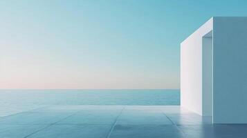A serene coastal vista featuring a modern architectural structure blending with the tranquil sea and sky in shades of blue, white, and turquoise. photo