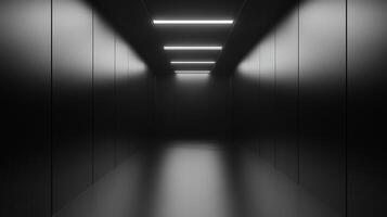 Abstract perspective in an enclosed space featuring a dark monotone palette, minimalist linear illumination, and strong depth. photo