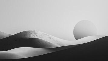 Monochromatic landscape with rolling hills and a large sphere in the distance, creating a surreal and minimalist composition. photo