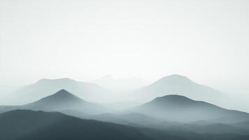 A tranquil landscape painting of layers of blue mountains fading into a misty, white sky creating a serene and peaceful atmosphere. photo