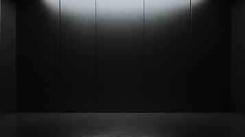 Monochrome dark room with panelled walls and flooring, subtly lit from above creating a sense of depth and modern minimalist aesthetic. photo