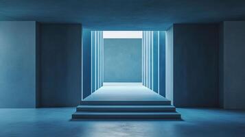 Monochromatic blue corridor with steps leading to a brightly lit exit. Abstract architectural design. Interior with accent lighting. photo