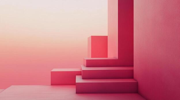 Minimalist pink architecture featuring ascending steps, creating a sense of progression under soft, gradient lighting. photo