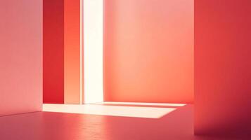 A minimalist composition featuring a sun-drenched room with salmon pink walls creating geometric patterns in the play of light and shadow. photo