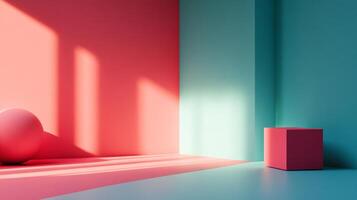 Abstract geometric shapes in a minimalist setting. The contrast of pink and blue enhances the modern aesthetic, emphasizing form and shadow. photo