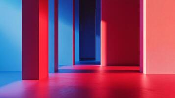 Abstract architectural space with blue and red contrasting hues, creating a visually striking and modern environment with geometric shapes. photo