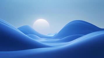 Abstract blue landscape with a luminous orb in the sky, creating a serene and dreamy atmosphere with smooth, flowing shapes. photo