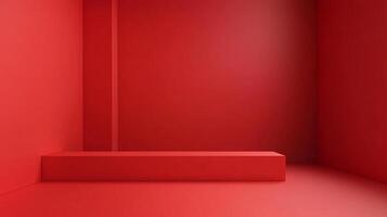A minimalist red room featuring a platform against the backdrop of a corner, creating a simple stage or display area. photo