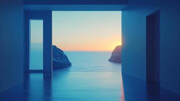 Coastal view framed by minimalist architecture, capturing the serene meeting of ocean and sky at sunset. photo