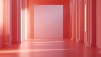 A geometrically perfect and minimalistic hallway, bathed in a uniform monochromatic rose. A captivating display of modern architecture. photo