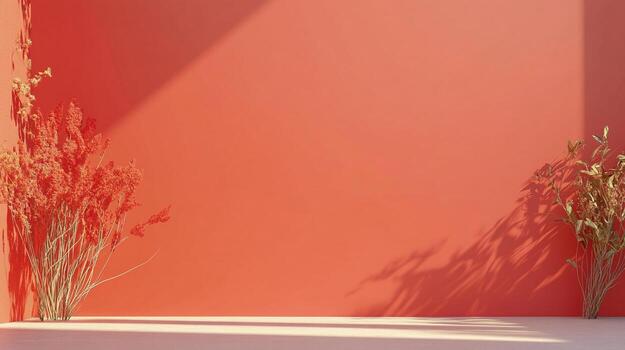 Minimalist orange backdrop with dried floral arrangements casting shadows, creating a warm, inviting, and versatile visual space. photo