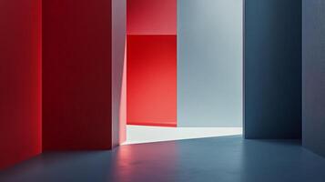Abstract architectural scene with bold red and blue hues, defined by clean lines and contrasting colors in a geometric composition. photo
