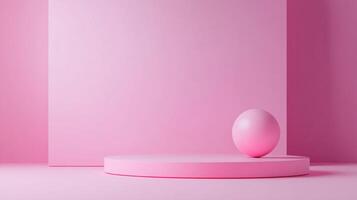 A minimalist pink showcase, featuring a circular platform and a sphere, ideal for product display or abstract visual projects. Subtle gradients. photo