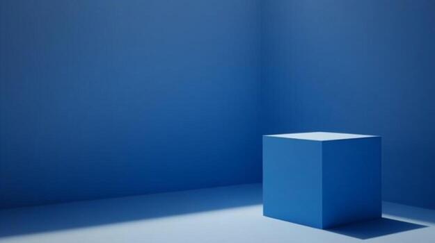 Minimal blue box display for product showcase. Clean and geometric presentation with a sense of modernity and space. Spotlight on center cube. photo