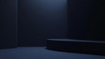 A minimalist, dark navy blue architectural space with a platform suggesting modern design and abstract geometry. Dramatic lighting enhances the mood. photo