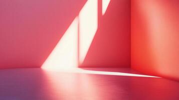 An interior corner in a bright pink room is illuminated by stark beams of light. A minimalist composition creates an abstract scene. photo